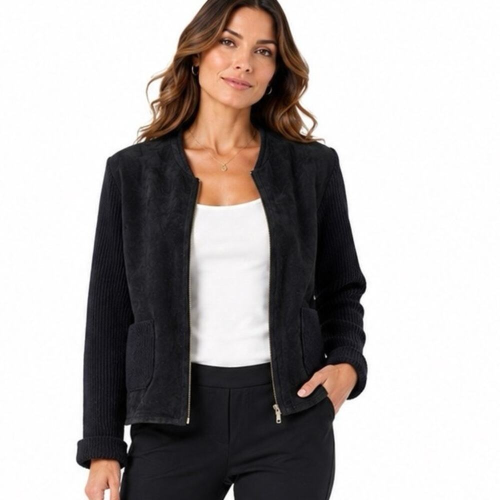 Vintage Size M Black Suede Leather Cropped Jacket Ribbed Knit Sleeves & Back Zip